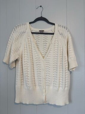 J Jill XL Cream Open Knit Cardigan Short Sleeve Button Front Lightweight